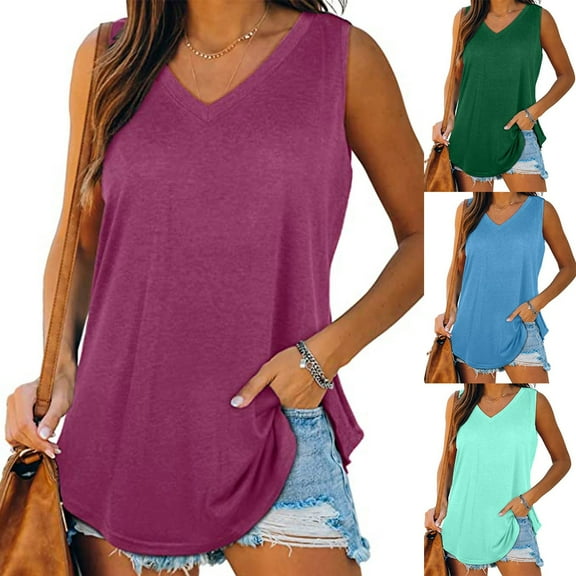 Fanxing Womens Summer Tank Tops Dressy Casual V Neck Tunic Blouses Flowy Sleeveless T-Shirt Green,S