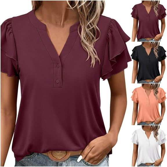 Fanxing Womens Summer Tops V Neck Shirts Trendy Ruffled Short Sleeve Pullover Loose Fit Tunic Tees Shirts for Ladies Medium