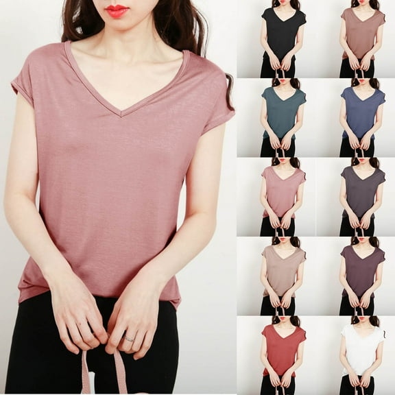 Fanxing Womens Summer V Neck T Shirts Loose Fitting Cap Short Sleeve Basic Tees Beige,XL