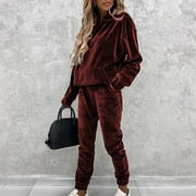 FANXING Womens Sweat Suits And Jogger Sets Plus Size Women's Fall Velvet Tracksuits Long Sleeve Hooded Sweatshirt with Wide Leg Pants 2 Piece Sets Drawstring Hoodies Outfits