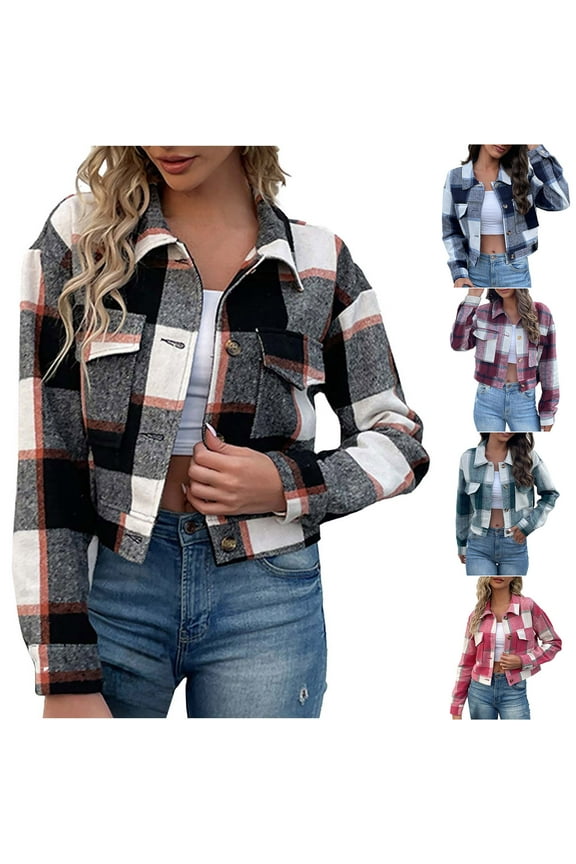 Womens Tartan Cropped Jackets Fashion Plaid Flannel Shacket Lightweight Lattice Patchwork Jacket Collared Button Down Color Blocked Coats Winter Hot Pink,S