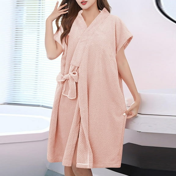 Fanxing Womens Terry Home Cloth Bathrobe Short Sleeve Tie Waist Spa Hotel Dressing Gown Short Soft Plush Robes with Pockets Khaki Free Size
