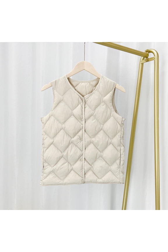 Womens Thin Quilted Vest Sleeveless Button Down Jacket Spring Fall Crop Waistcoat Gilet Beige 4XL