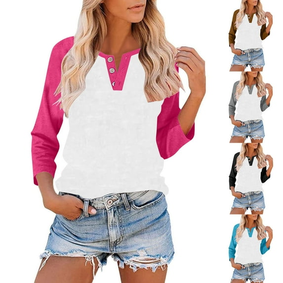 Fanxing Womens Tops Summer 3/4 Sleeve Shirts Basic Solid Color V Neck Tees Shirts Gray,M