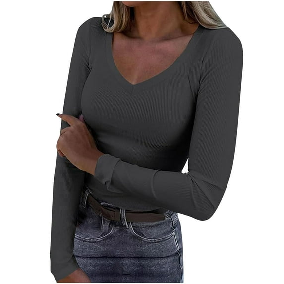 Fanxing Womens Tops V Neck Long Sleeve Shirts for Women Slim Fit Y2K Tops Solid Color Undershirt Dark Gray(Women's)