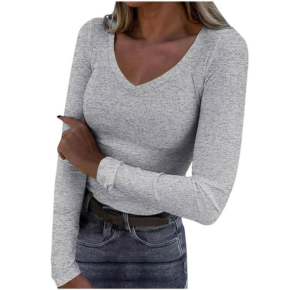Fanxing Womens Tops V Neck Long Sleeve Shirts for Women Slim Fit Y2K Tops Solid Color Undershirt Gray(Women's)
