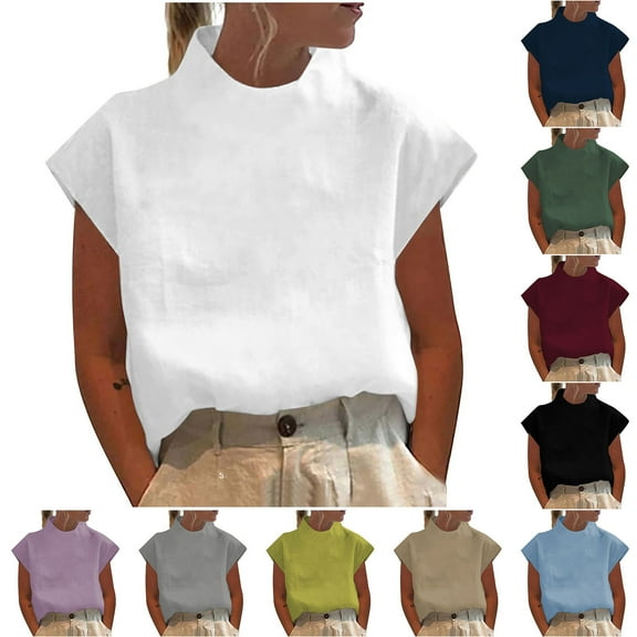 Fanxing Womens Tshirts Cotton Linen High Neck Cap Sleeve Shirt Summer Fashion Casual Cotton Linen Blouses Trendy Tops Dark Blue,S