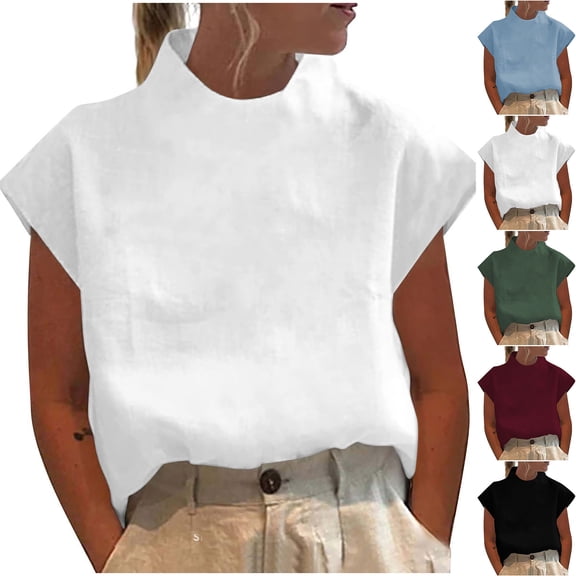 Fanxing Womens Tshirts Cotton Linen High Neck Cap Sleeve Shirt Summer Fashion Casual Cotton Linen Blouses Trendy Tops White,S