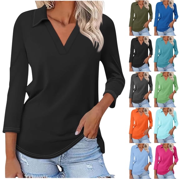 Fanxing Womens Tunic Shirts 3/4 Length Sleeve Tops Collar V Neck Business Casual Blouses Blue,XL