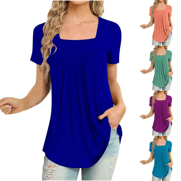 Fanxing Womens Tunic Tops Casual Summer Tshirts 2025 Short Sleeve Square Neck Basic Tee Outfits Light Blue,XXL