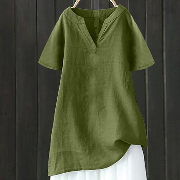 Fanxing Womens V Neck Long Tunics Cotton Linen Shirts Dressy Short Sleeve Blouses Boho Beach Tops Army Green,XL