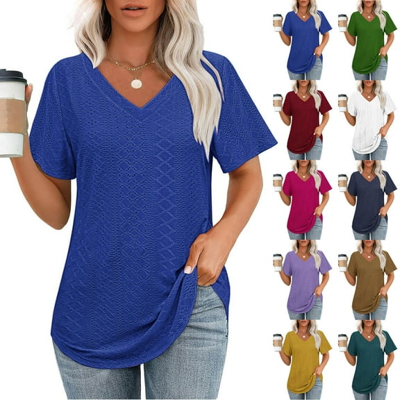 Fanxing Womens V Neck Summer Tops Trendy Vacation Shirts Short Sleeve Tshirts Dressy Casual Blouses Hot Pink,L