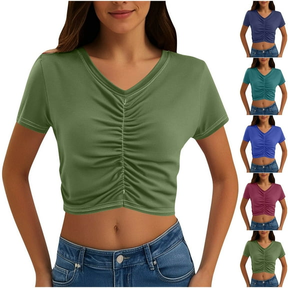 Fanxing Womens V Neck T Shirts Y2K Crop Tops Summer Short Sleeve Pleated Solid Color Ruched Tees Wine,L
