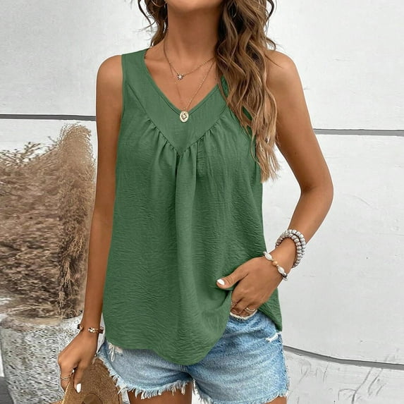 Fanxing Womens V Neck Tank Tops Summer Sleeveless T Shirts Solid Color Tunic Tanks Camisoles Green,L