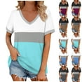 thumbnail image 1 of Fanxing Womens V Neck Tshirts Oversized Summer Tops Trendy Color Block Short Sleeve Tee Shirts Patchwork Graphic Tees Light Blue,XXL, 1 of 6