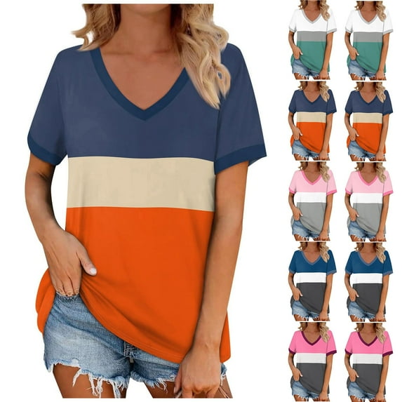 Fanxing Womens V Neck Tshirts Oversized Summer Tops Trendy Color Block Short Sleeve Tee Shirts Patchwork Graphic Tees Orange,L