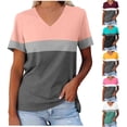 thumbnail image 1 of Fanxing Womens V Neck Tshirts Oversized Summer Tops Trendy Color Block Short Sleeve Tee Shirts Patchwork Graphic Tees Yellow,L, 1 of 5