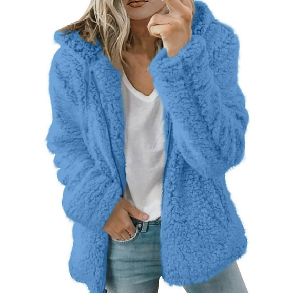 Fanxing Womens Winter Coats with Hood 2025 Clearance Casual Warm Fuzzy Fleece Sherpa Jackets Zip Up Hoodies Plus Size Long Sleeve Plush Tops Hooded Cardigan Outerwear with Pockets