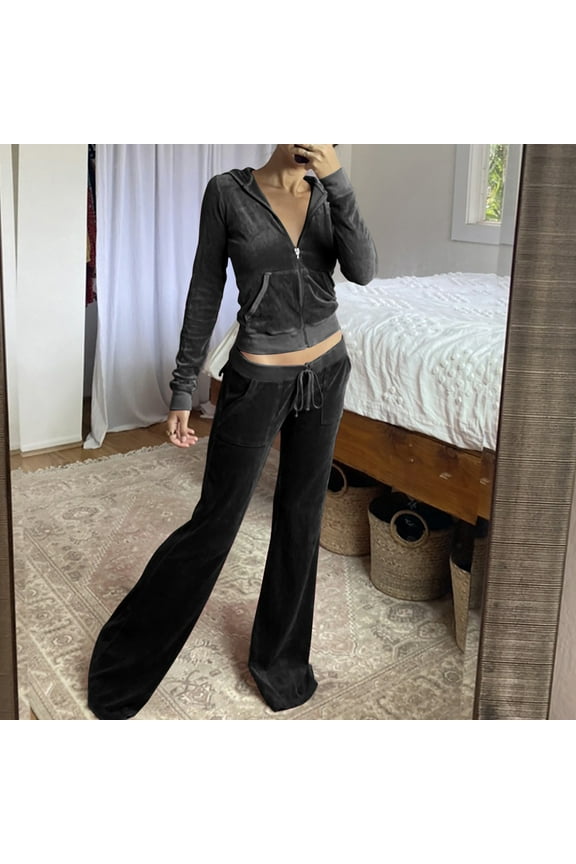 Womens Y2K Outfits Velvet Sweatsuits Full Zip Hoodies Sweatshirts Tracksuits Comfort Velour Track Suits Casual Drawstring Jogging Pants Matching Sets 2025 Black,XXL