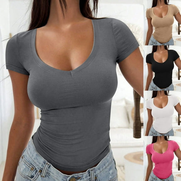 Fanxing Womens Y2k Tees Slim Fit Cropped Tops Summer Short Sleeve Tees Trendy V Neck T-Shirts Hot Pink,S