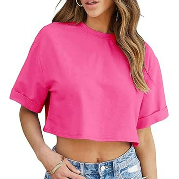Fanxing Y2K Tops for Women Oversized Cropped T Shirts Loose Fit Crewneck Short Sleeve Summer Tops Hot Pink,M