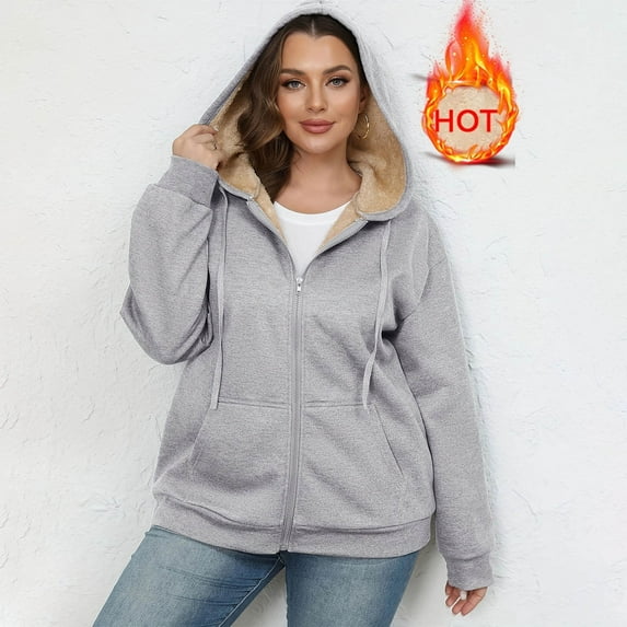 Fanxing Zip Up Hoodie Women Plus Size Long Sleeve Fleece Jackets Casual Warm Sherpa Lined Sweatshirt Jacket Oversized Cute Fall Winter Coats Gray XL