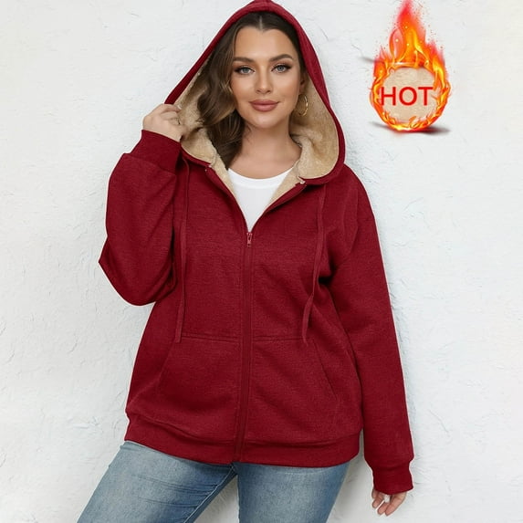 Fanxing Zip Up Hoodie Women Plus Size Long Sleeve Fleece Jackets Casual Warm Sherpa Lined Sweatshirt Jacket Oversized Cute Fall Winter Coats Wine 5XL