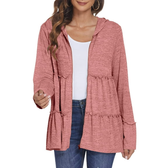 Fanxing Zip Up Hoodie for Women Pleated Tiered Ruffle Hooded Sweatshirt Jackets Casual Dressy Long Sleeve Hooded Coat Pink XL