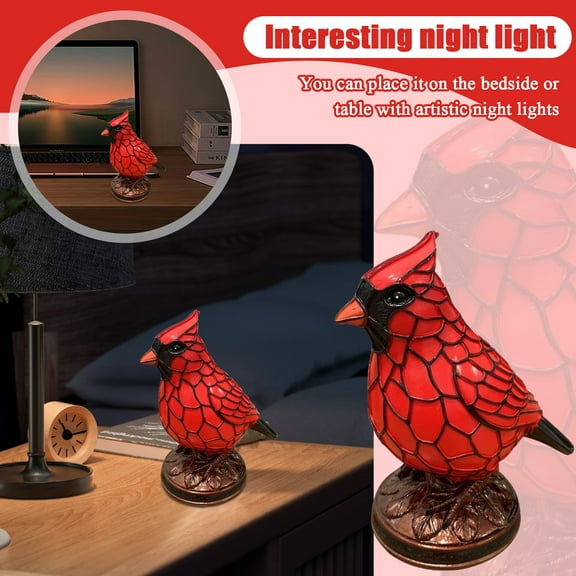 Fanyil Cardinal Lamp - Realistic Red Bird Night Light | 6.3" Christmas Handmade Resin Figurine Table Lamp - for Bedroom, Living Room, Mantel Decor Gift Ready