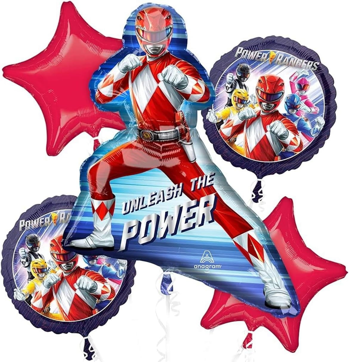 Power Rangers Balloon Bouquet - 5 Piece Set! 2 Rounds, 2 Stars & Giant Red Ranger - Perfect Party Decor!