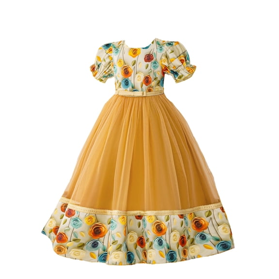Faowme Kids Girls Fashion Personality Printed Ankle-Length Dress For Performances Or Evening Party Gold 7-8 Years
