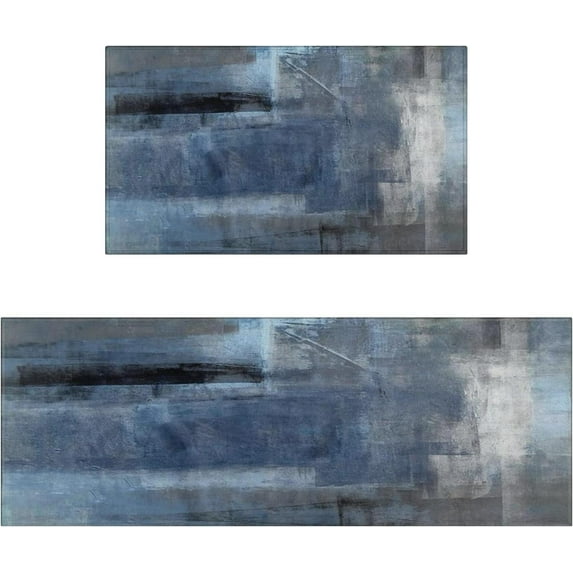 Faptoena Blue and Grey Kitchen Rugs and Mats Sets of 2,Abstract Art Kitchen Decoration Non-Slip Absorbent Mats for Sink Waterproof Runner Rug for Laundry Room,17x30+17x47inch