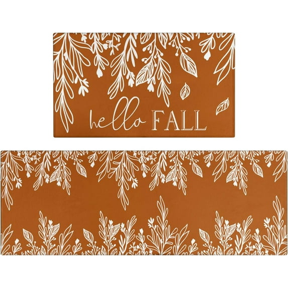 Faptoena Fall Thanksgiving Kitchen Rugs Set of 2,Eucalyptus Orange Hello Fall Leaves Farmhouse Floor Mats and Rugs Non Skid Washable for Kitchen Home Decor (17"x47"+17"x30")