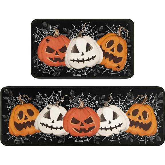 Faptoena Halloween Kitchen Rugs Set of 2,Black Pumpkin Spider Web Kitchen Mats for Floor, Halloween Non-Slip Washable Sink Mats Home Decor Doormat+Runner Rug