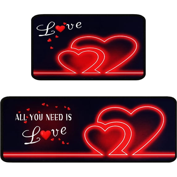 Faptoena Kitchen Rugs and Mats Sets of 2,Valentine''s Day Kitchen Rugs Red Love Heart Decoration Non-Slip Rugs,Rubber Backing Waterproof Floor Mat,17x30+17x48inch