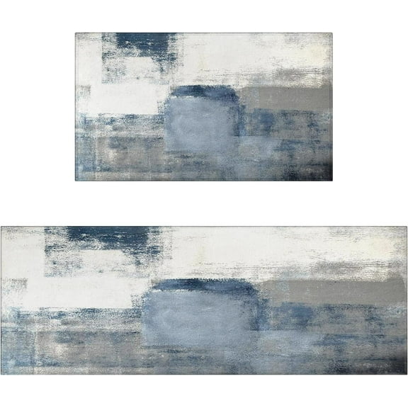 Faptoena White and Grey Kitchen Rugs and Mats Sets of 2,Abstract Art Kitchen Decoration Non-Slip Absorbent Mats for Sink Waterproof Runner Rug for Laundry Room,17x30+17x47inch