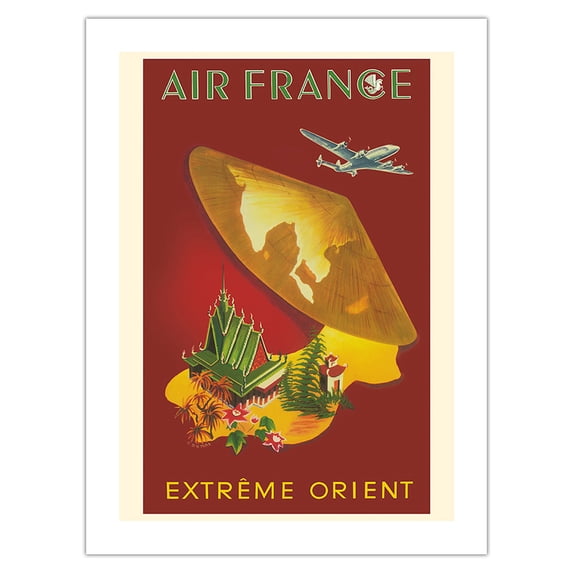 Far East (Extréme Orient) - France - Vintage Airline Travel Poster by G. Dumas c.1950 - Bamboo Fine Art 290gsm Paper Print (Unframed) 18x24in