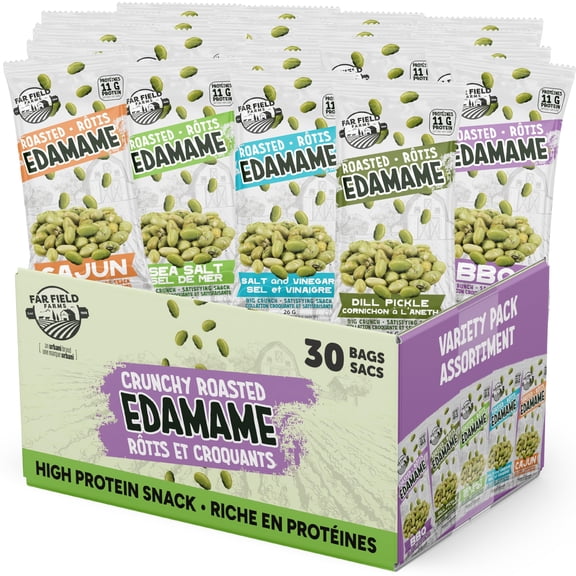 Far Field Crunchy Edamame Beans, Variety Pack, Low Calorie, Healthy Snack for Kids & Adults, 11 g of Protein per Bag, Vegan, Low Carb, 0.9 oz - 30 Single Serve Snacks