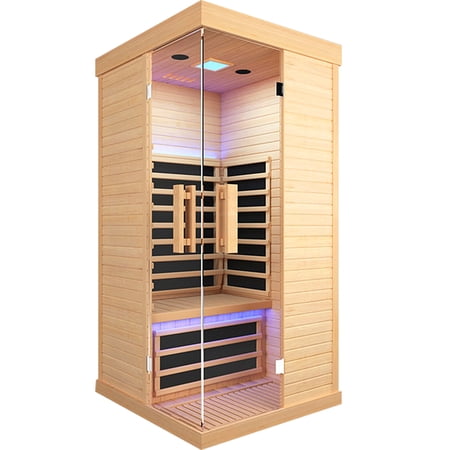 Far Infrared Sauna 1 person for Indoor ,1450W Low-EMF Home Sauna with Natural Canadian Hemlock Wood, 7 Color Ambient Lights, Dual Speakers, 35.4 x 35.4 x 70.9 Inch
