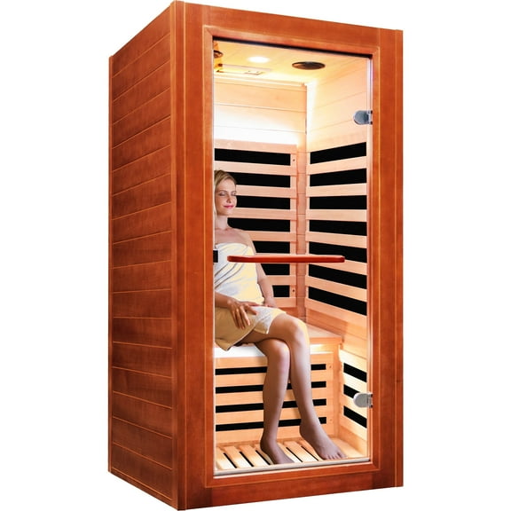 OUTEXER Far Infrared Sauna for Home Dry Sauna for Home Wood Sauna Room 1 Person Infrared Sauna Indoor One Person Sauna Low EMF Okoume Wood Sauna with Control Panel, Bluetooth Speakers