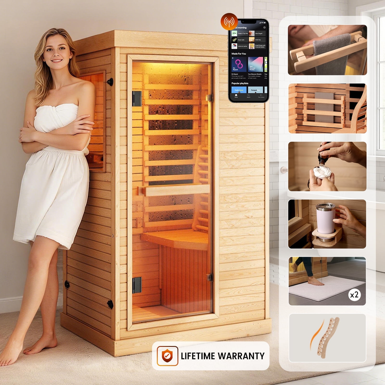Walmart Black Friday Deals 2025 - Syedee Far Infrared Sauna Home Sauna Spa Room Canadian Hemlock Wood 1000W Indoor Saunas Low EMF 110V with Control Panel and Tempered Glass Door