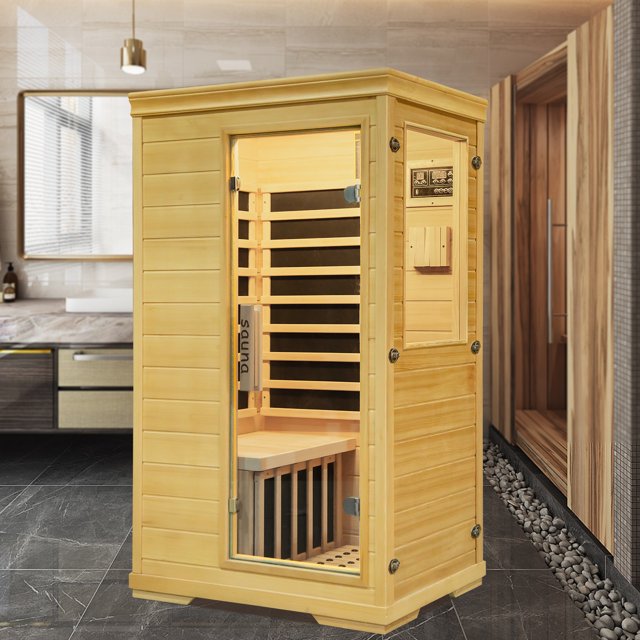 Far Infrared Mini Single Sauna Room, 1 Person Hemlock Wood, SideOpening, Low EMF, 5 Heating