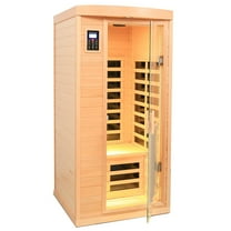 Far Infrared Wooden Sauna Room, 1 Person Infrared Sauna Home, 1300W Hemlock Wood Low EMF Far Infrared Sauna with LED Reading Lamp, Colorful Light, 360 ° Stereo Speaker, LCD Control Panel