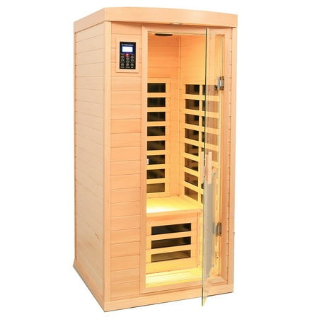 Far Infrared Wooden Sauna Room, 1 Person Infrared Sauna Home, 1300W Hemlock Wood Low EMF Far Infrared Sauna with LED Reading Lamp, Colorful Light, 360 ° Stereo Speaker, LCD Control Panel