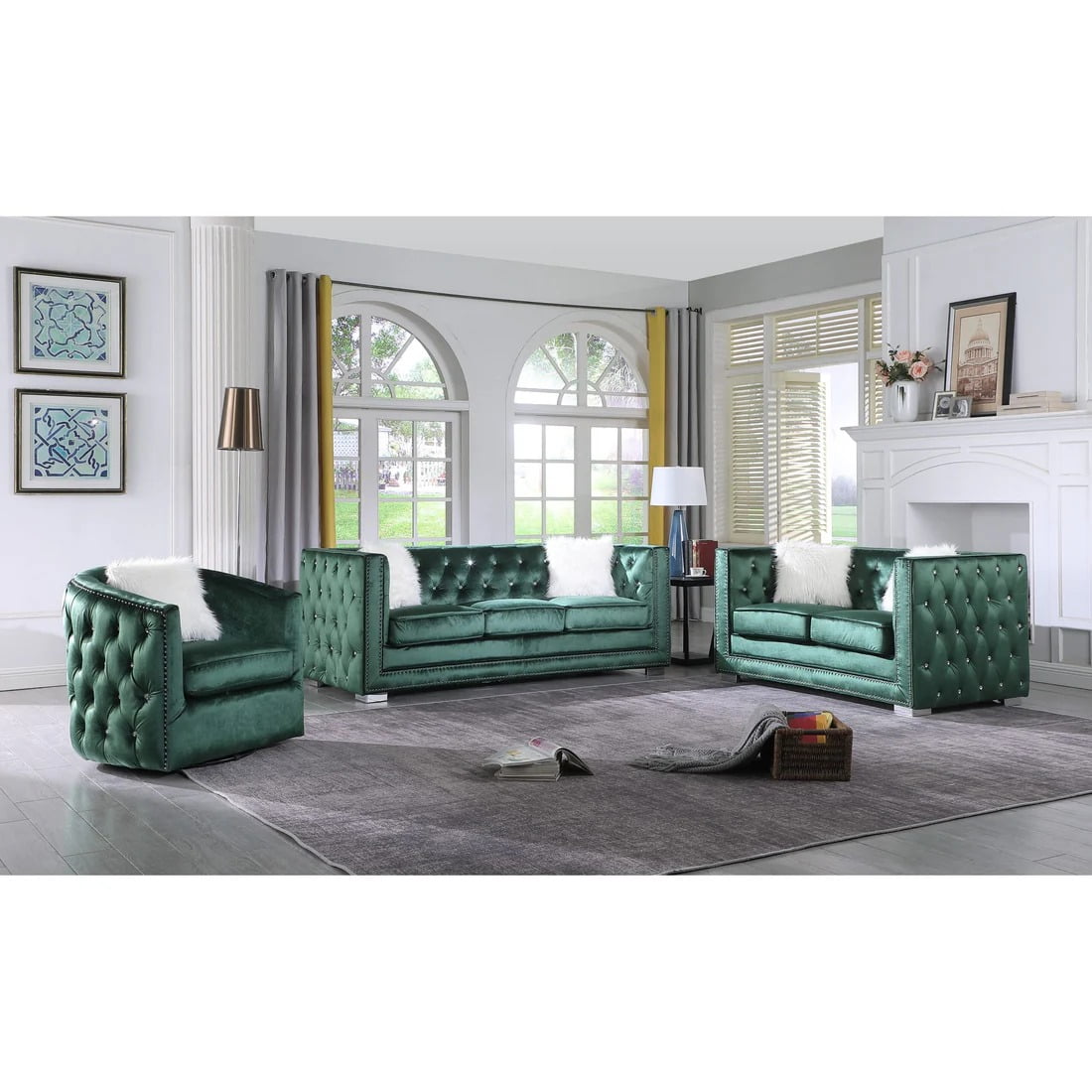 Fara Modern 2pc Sofa And love seat Living room set In Emerald Green Velvet