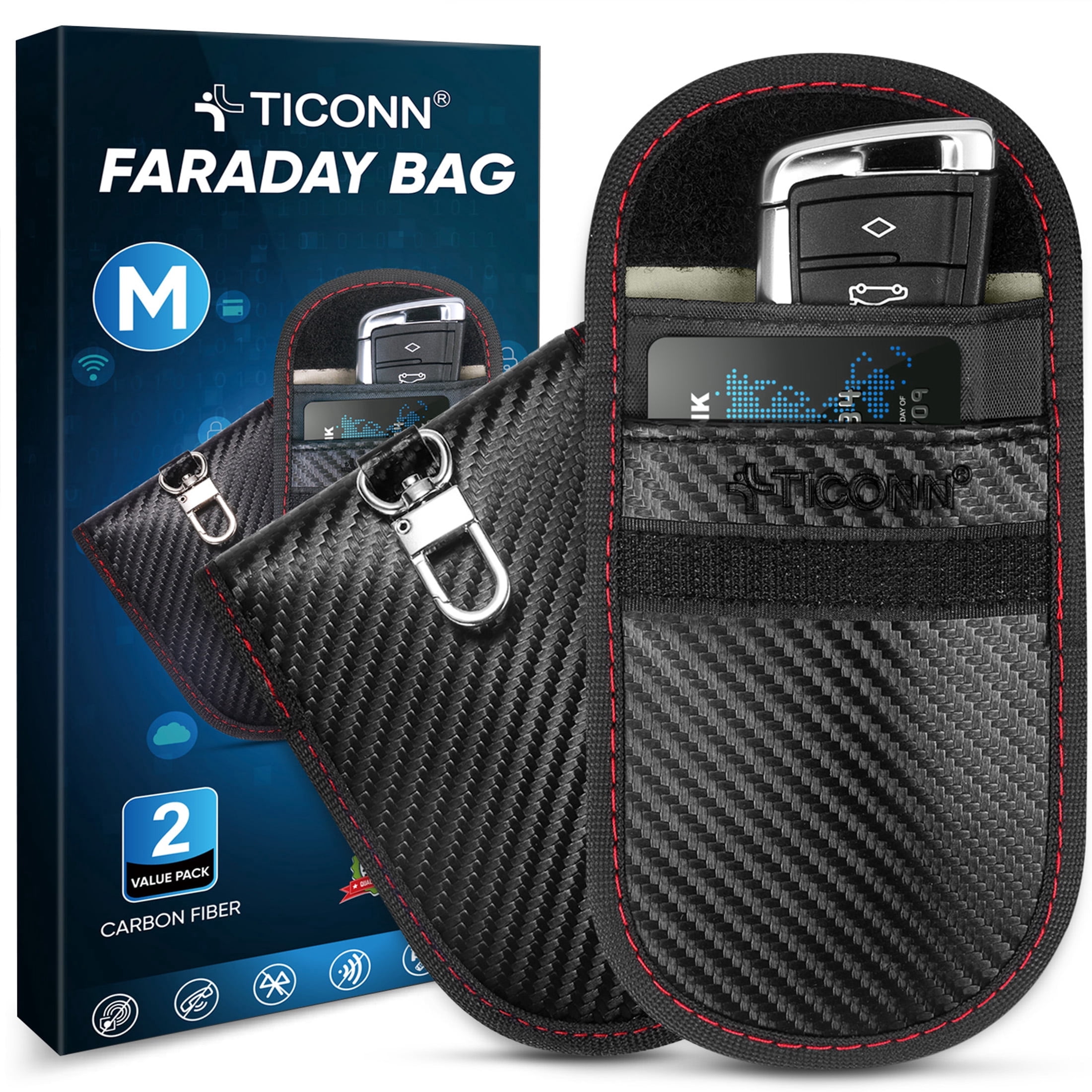 TICONN Carbon Fiber RFID Signal Blocking Faraday Bags for Car Keys (2 pack)