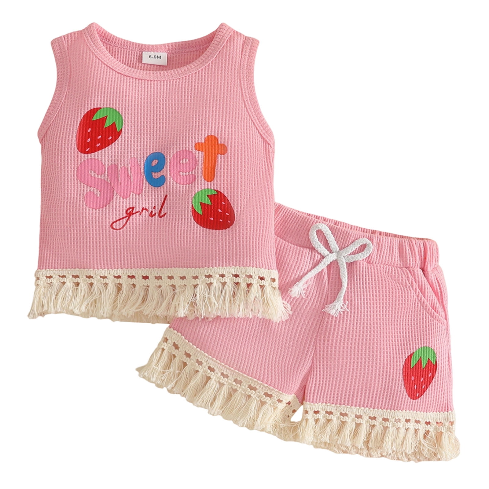 Faraee 0-3 Years Toddler Baby Girl Summer Clothes Ribbed Waffle 2 Piece Outfits Tassel Hem Tank Tops Drawstring Shorts Clothing Set Pink