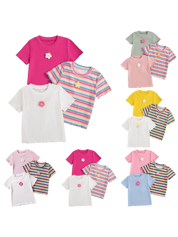 3 Pack Toddler Girls Cotton Flower Short Sleeve T-Shirts Baby Ribbed Crew Neck Knit Soft Solid Base Layer Casual Tee 2T 3T 4T 5T 2-8 Years Blue