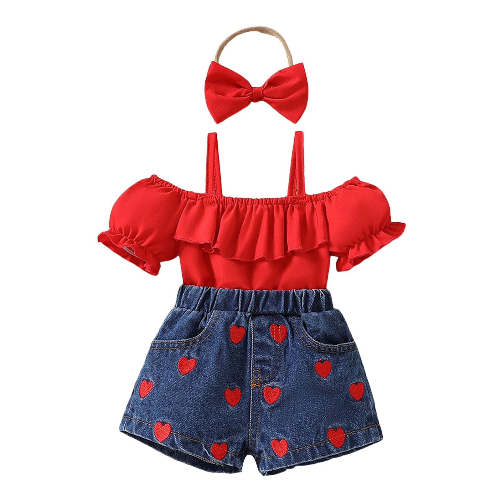 Faraee 3Pcs Toddler Baby Girl Summer Clothes Bubble Ruffle Off Shoulder Short Sleeve Crop Top Hearts Print Denim Shorts Jeans Outfit with Headband 6 9 12 18 24 Months 2t 3t Red