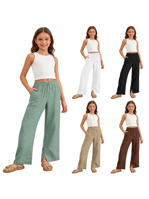 4-14 Years Girls Linen Pants Kids Summer Wide Leg Beach Palazzo Trousers Elastic Waist Beach Vacation Outfits with Pockets Black